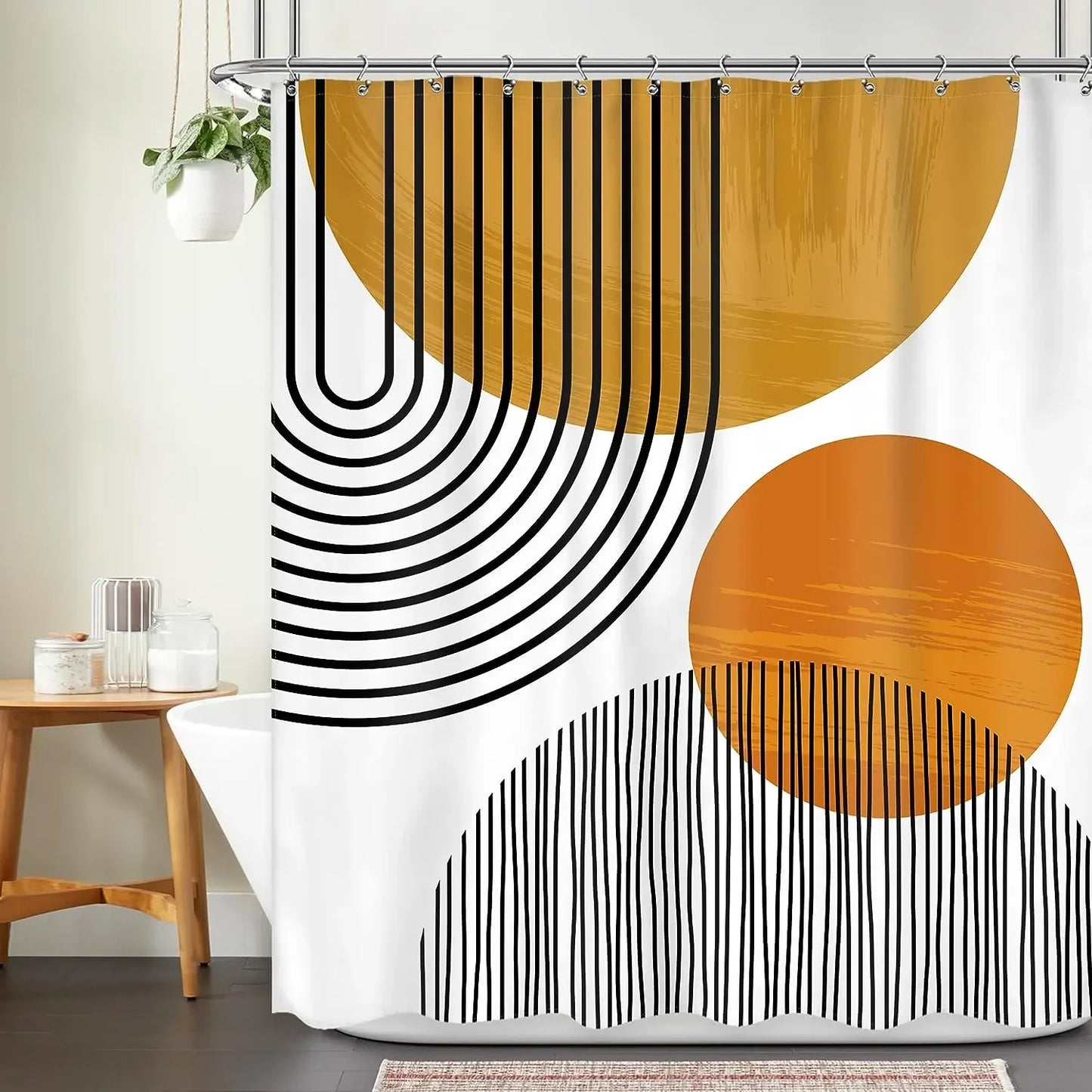 Abstract Bohemian Shower Curtain Arch Sun Moon Phases Boho Leaf Modern Minimalist aesthetic line geometric decorative Bathroom Home Decor Cat Leaves Mountains Outdoors