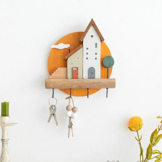 🏡 Fairytale Town Wall Hook Rack – Boho Wooden Key Holder & Decorative Village Scene Organizer