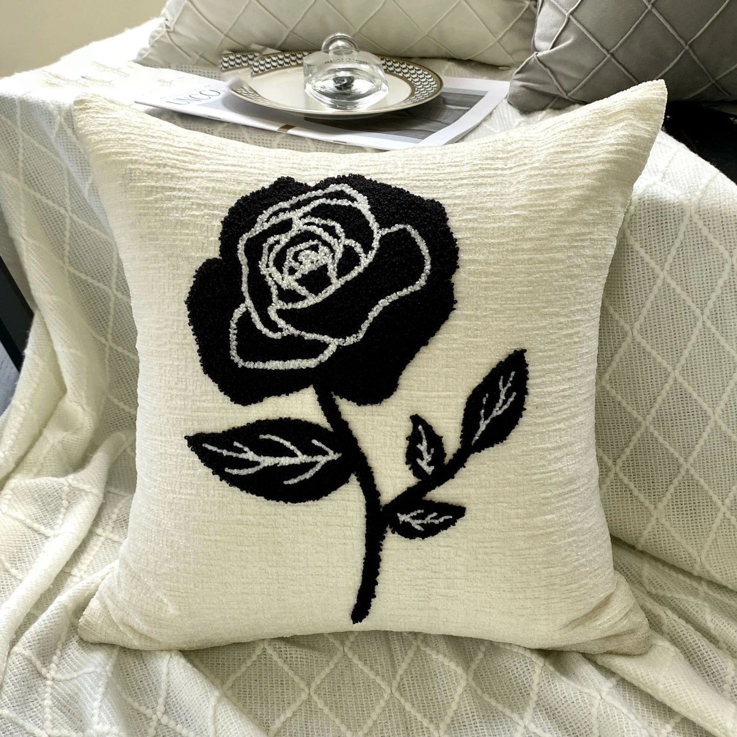 Black Rose Embroidered Cushion Cover β Nordic Chenille Pillowcase for Elegant Living Room Decor