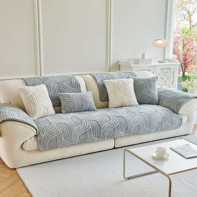 1PC Wave Striped Sofa Cover Solid Color Thicken Plush Sofa Towel Covers Non-slip Couch Slipcovers Sofa Mat for Living Room
