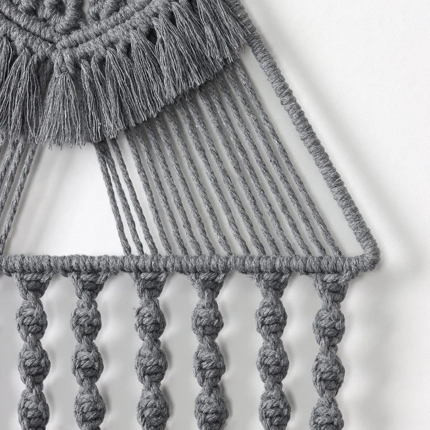 Gray macrame wall hanging with intricate patterns on a white background boho home decor, macrame wall hanging, triangle dream catcher, woven tapestry, handmade cotton wall decor, tassel wall hanging, bedroom door decor, housewarming gift, rustic bohemian art, boho apartment wall decor, neutral textile art