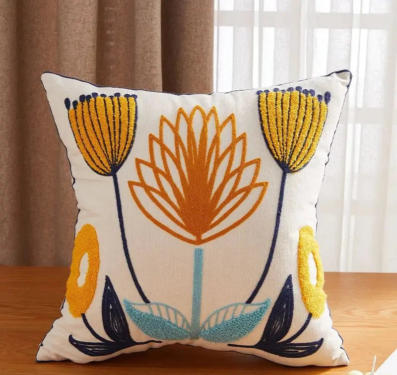 Canvas Floral Embroidered Cushion Cover Cotton Countryside Pillow Case for Living Room Luxury Home Decor Boho Flowers