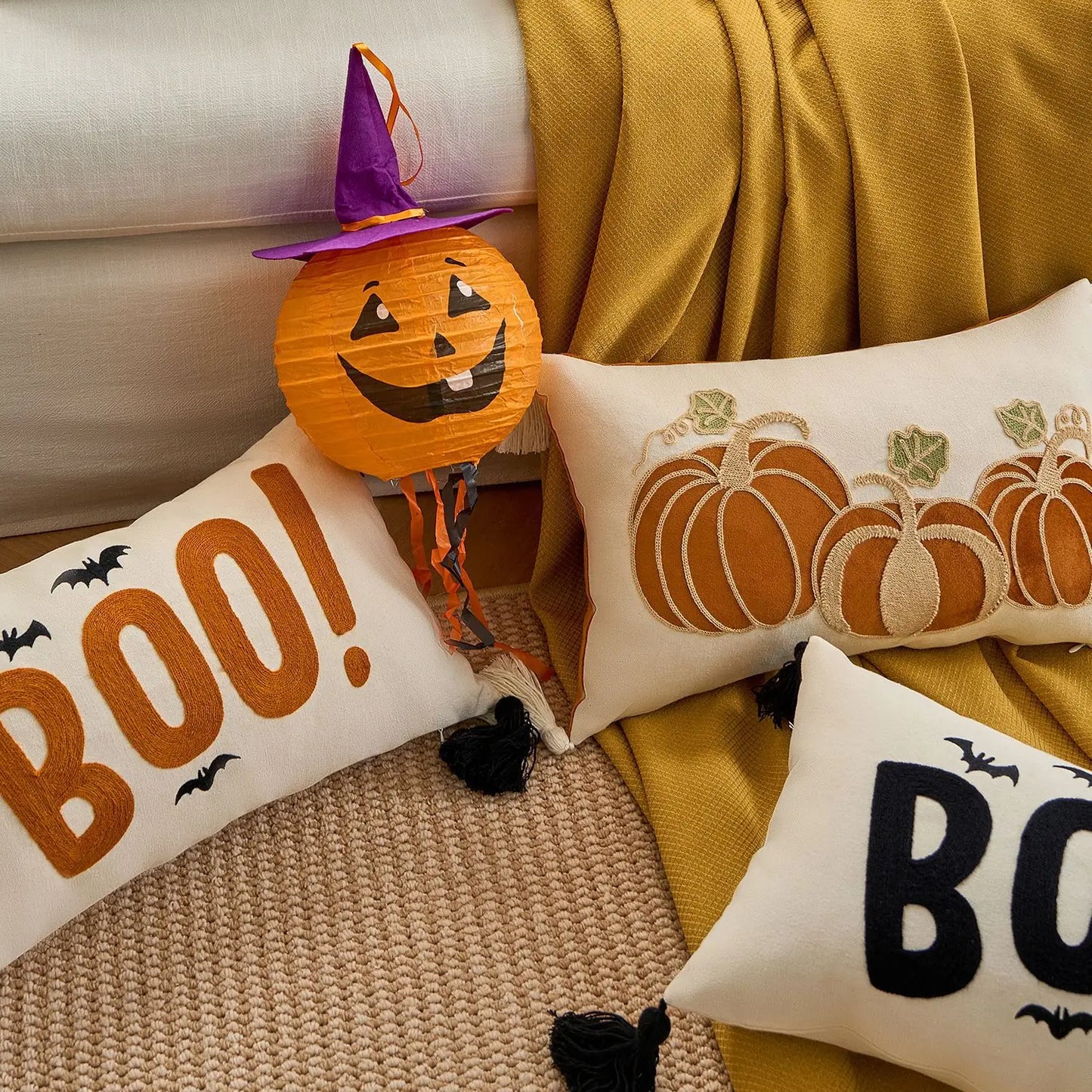 Halloween maple pumpkin throw pillow cover with festive lettering, autumn-themed decorative cushion for sofa, bed, and seasonal home decor