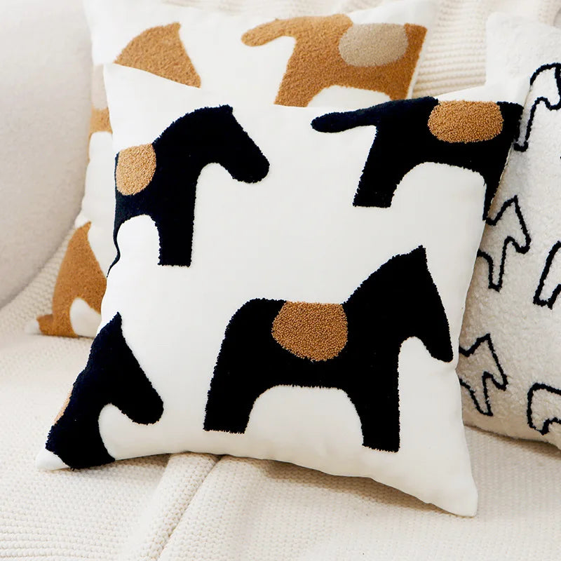 My Boho Home Nordic Embroidered Animal Pillow Cover – Modern Boho Plush Cushion for Couch, Bed or Nursery Horses