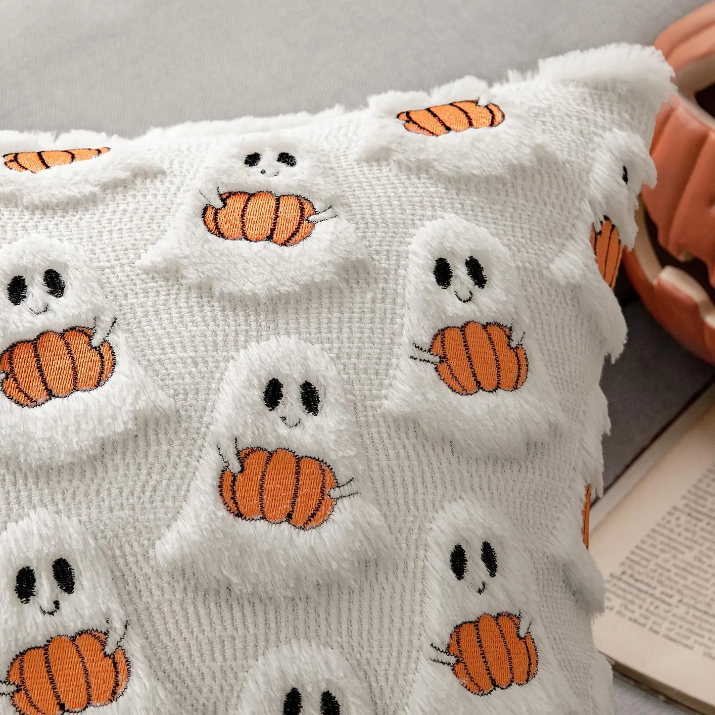 Ghost & Pumpkin Plush Faux Fur Pillow Cover – 18x18” Halloween & Fall Decor for Sofa or Bed