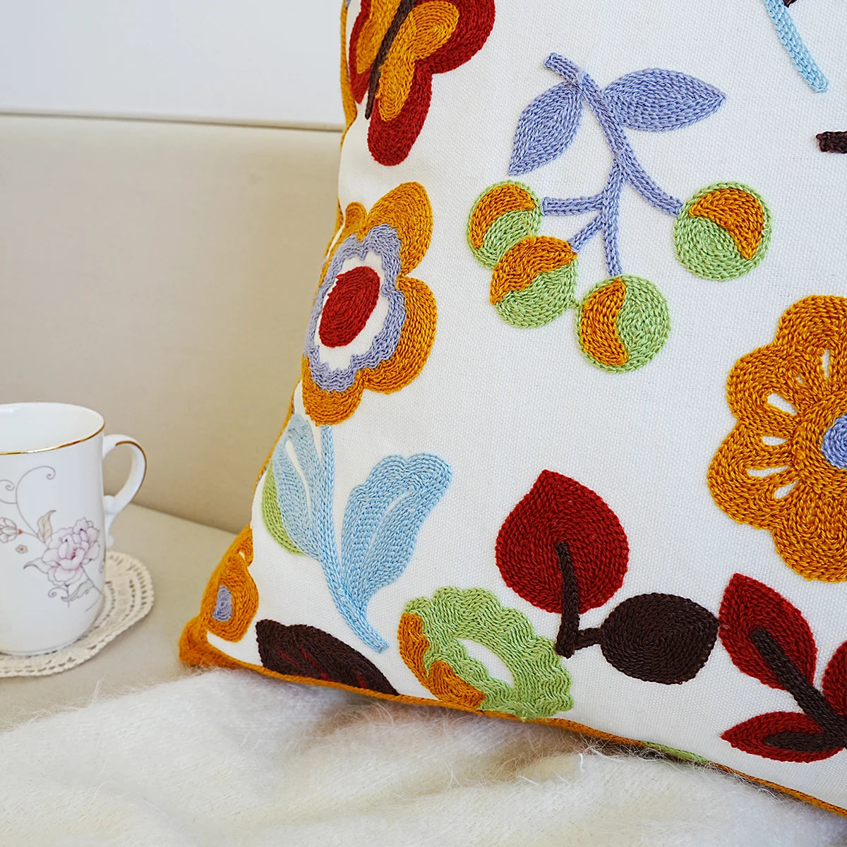 Flowers Plants Boho Home Decor Floral Embroidered Pillow Cover – Square Decorative Cushion Case for Sofa & Home