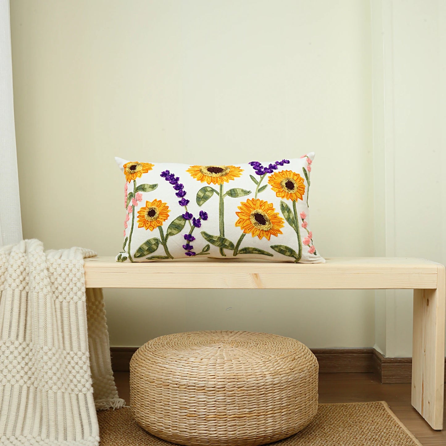 Sunflower & Lavender Embroidered Boho Throw Pillow Cover