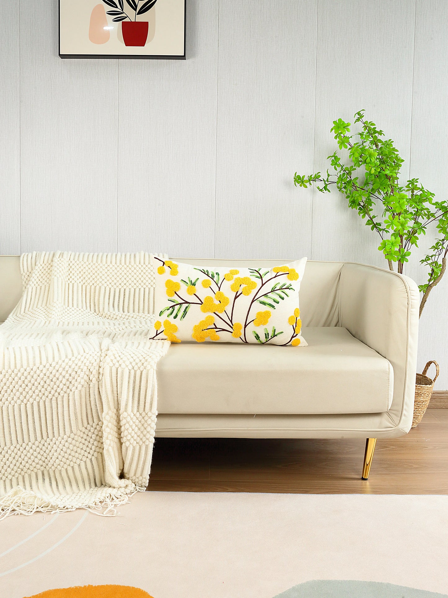 Embroidered Floral Throw Pillow Cover – Yellow Flowers Boho Home Decor for Couch, Bed & Chair