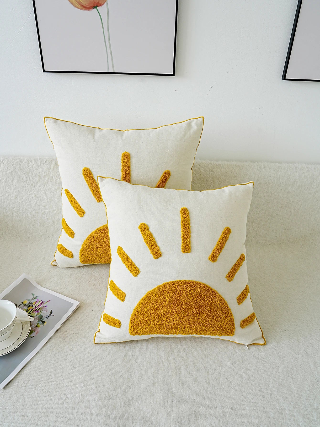 Boho Home Decor Yellow Sun Tufted Embroidered Pillowcase – Decorative Throw Pillow Cover For Living Room