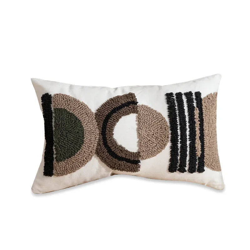 Decorative pillow with geometric pattern on a white background Nordic blue tufted cushion cover with geometric stripe and grid crochet pattern, tassel pillow cover for sofa, bed, and boho home decor