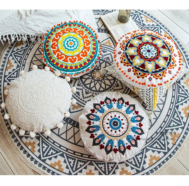 Boho Mandala Round Cushion Cover – Moroccan-Inspired Embroidered Throw Pillow Case for Boho Home Decor