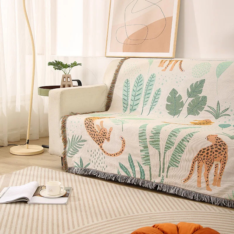 Boho Tassel Throw Blanket Leaves and Cheetahs
