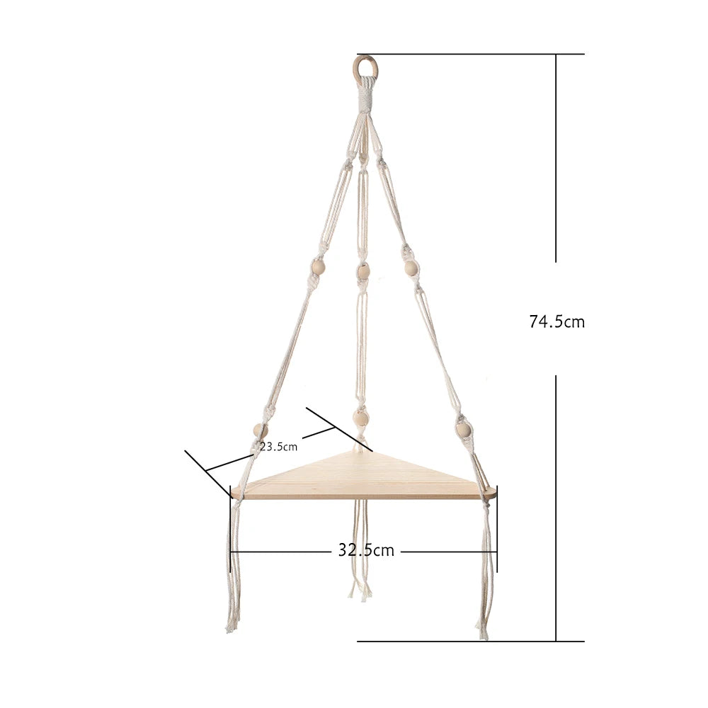 Boho Macrame Hanging Wooden Shelf – Handcrafted Floating Wall Shelf for Home Decor
