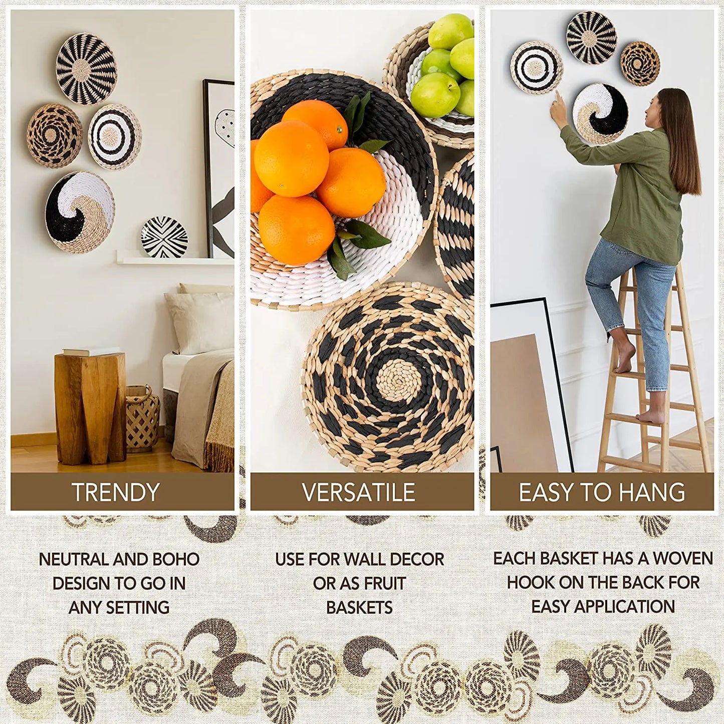 Straw Woven Wall Decoration Boho Rattan Wall Basket Decor Round Grass Weaving Ornament Rustic Seagrass Flat Hoom Hanging Crafts Fruit Bowl Wall Art for Boho Home Decor