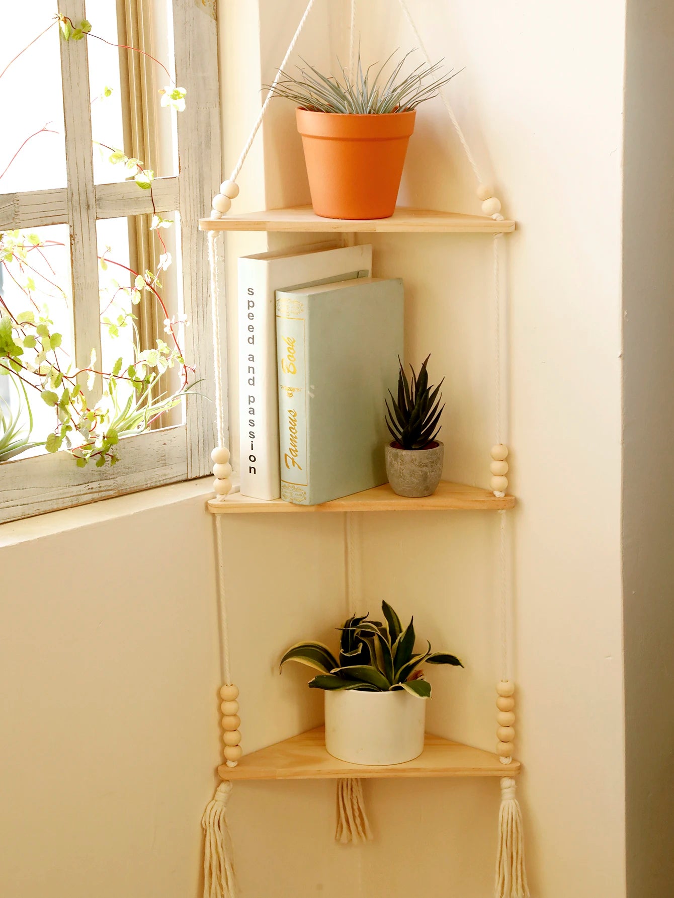 Boho Macrame Hanging Wooden Shelf – Handcrafted Floating Wall Shelf for Home Decor