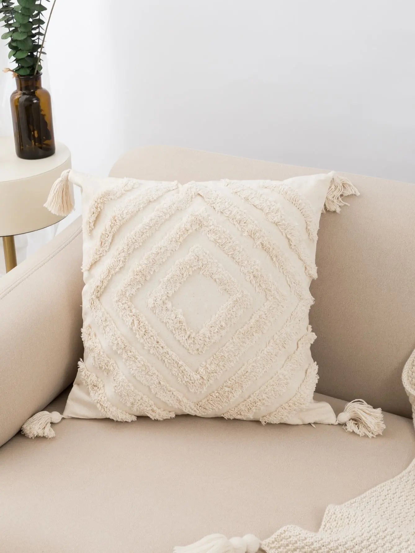 Beige Tufted Fringed Pillow Cover – Diamond Shaped Boho Home Decor Accent for Sofa, Bed & Living Room