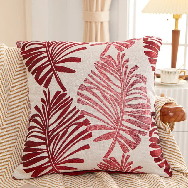 Red Bay Leaf Cushion Cover – Square Decorative Throw Pillow Case for Boho Home Decor