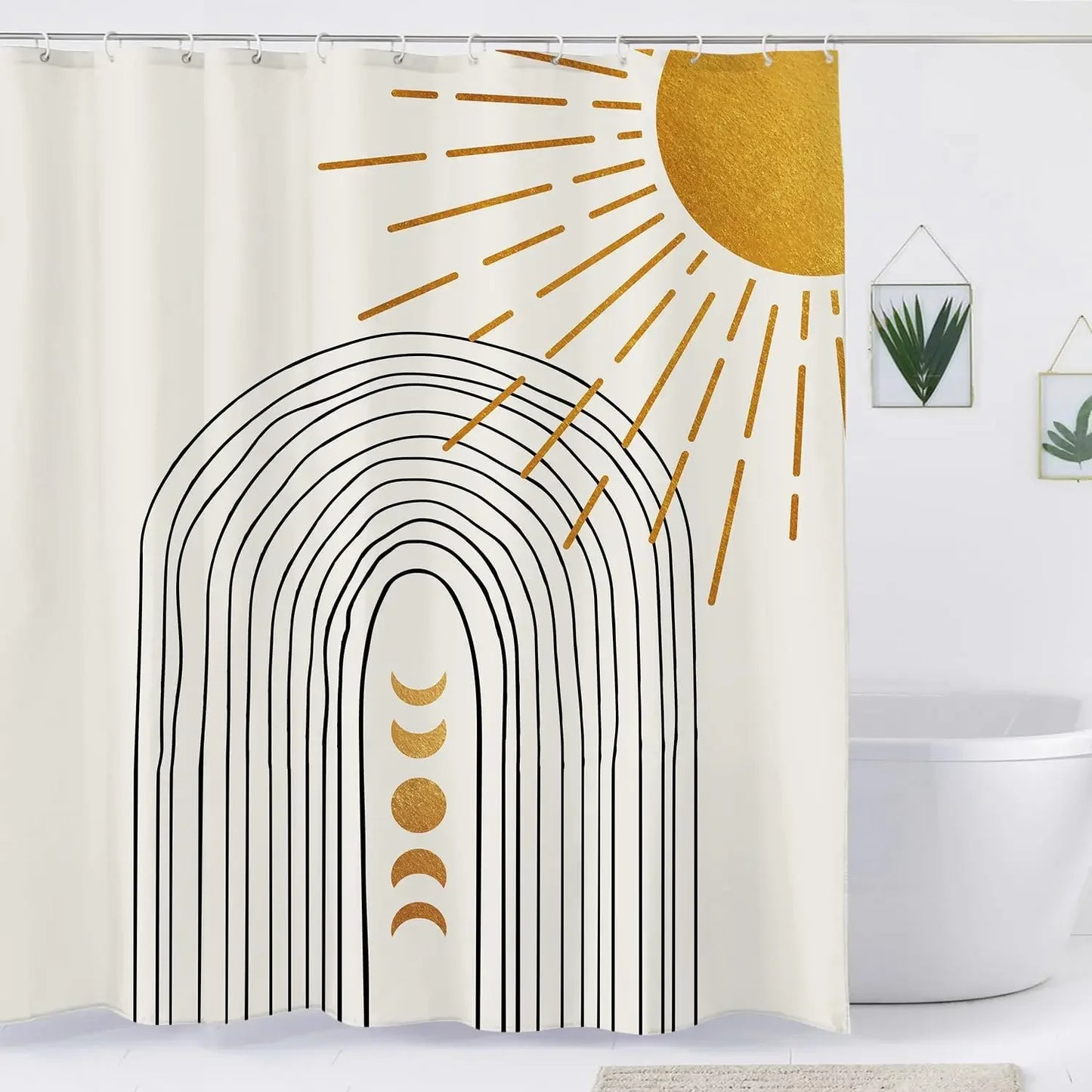 Abstract Bohemian Shower Curtain Arch Sun Moon Phases Boho Leaf Modern Minimalist aesthetic line geometric decorative Bathroom Home Decor Cat Leaves Mountains Outdoors