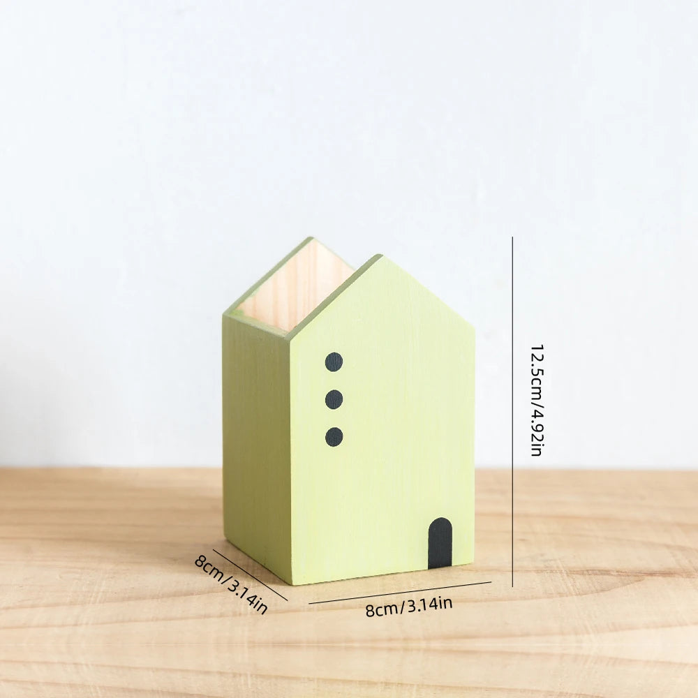 🏡 Boho Wooden Cartoon House Pen Holder – Handcrafted Desk Organizer for Office, Makeup & Home Decor