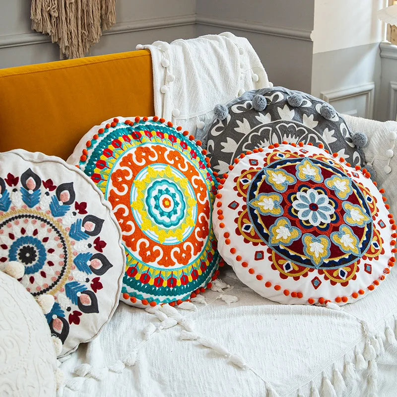 Boho Mandala Round Cushion Cover – Moroccan-Inspired Embroidered Throw Pillow Case for Boho Home Decor