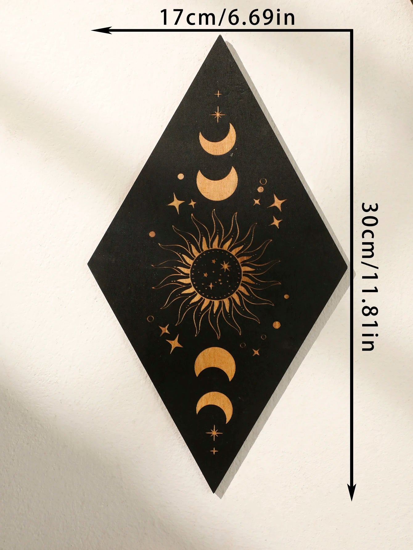 Black decorative wall art with celestial designs and measurements on a white background boho home decor, wooden witchy wall hanging, moon phase wall art, gothic home decor, celestial wall pediment, snake wall hanging, sun and moon wall decor, spiritual home accents, mystical bedroom art, witchy housewarming gift