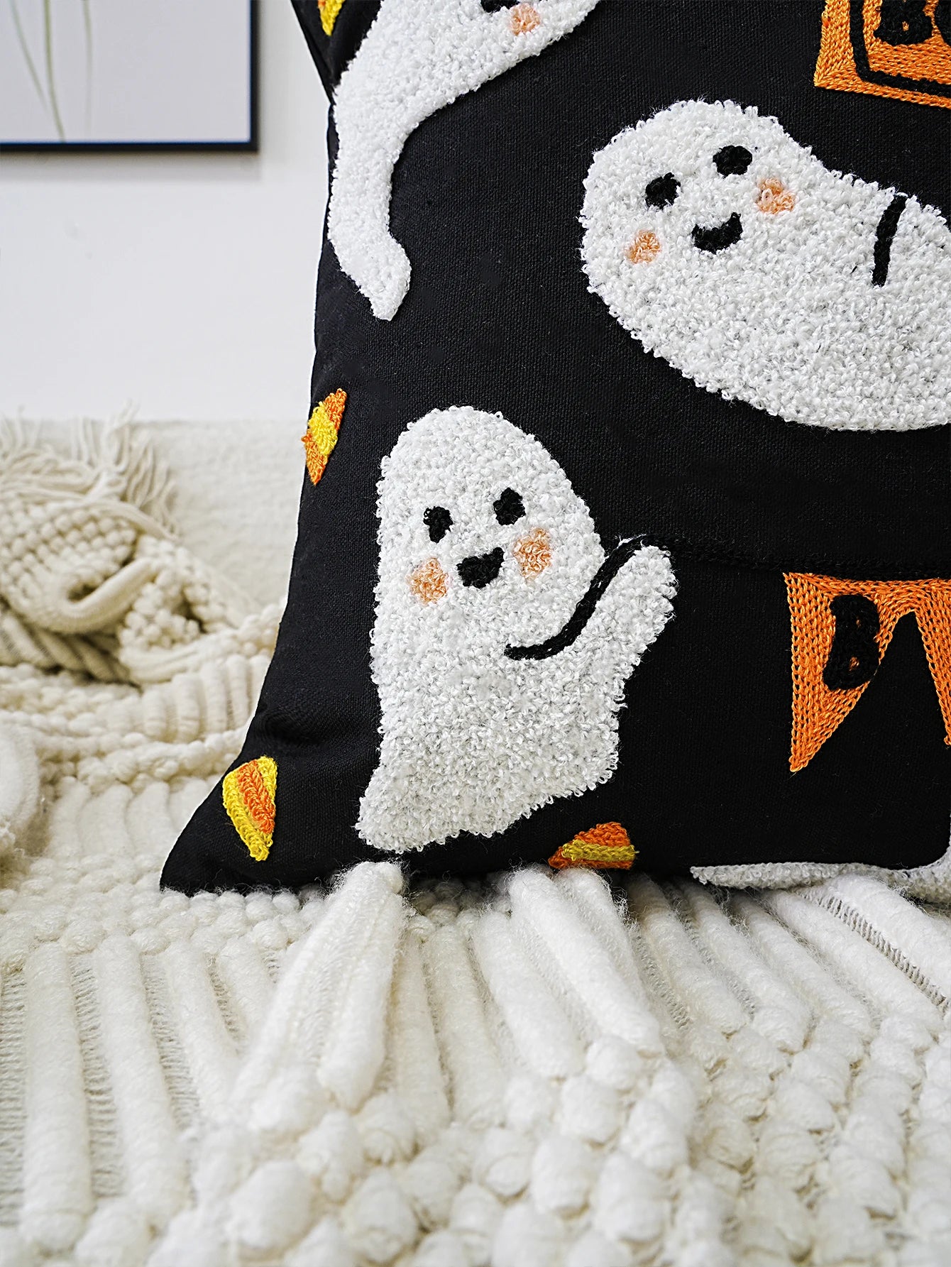 Halloween Ghost Embroidered Pillow Cover β Spooky Chic Accent for Sofa, Chair, or Bed