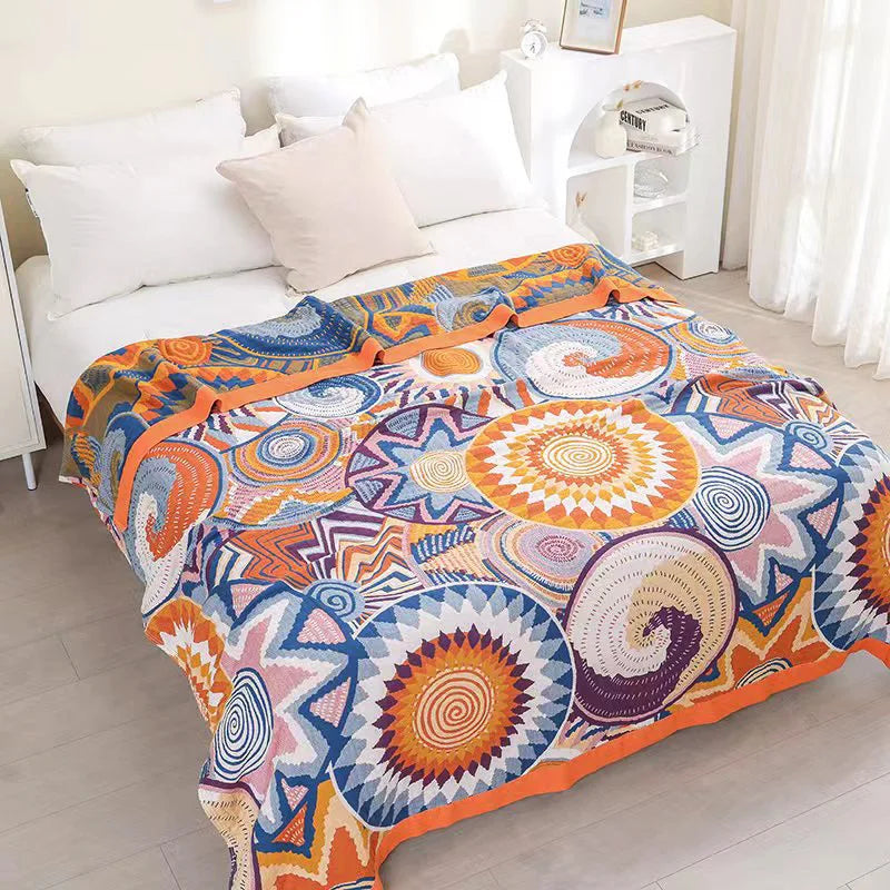 100% Cotton Muslin Throw – Soft, Lightweight & Boho-Chic Blanket - Orange & Purple Shapes
