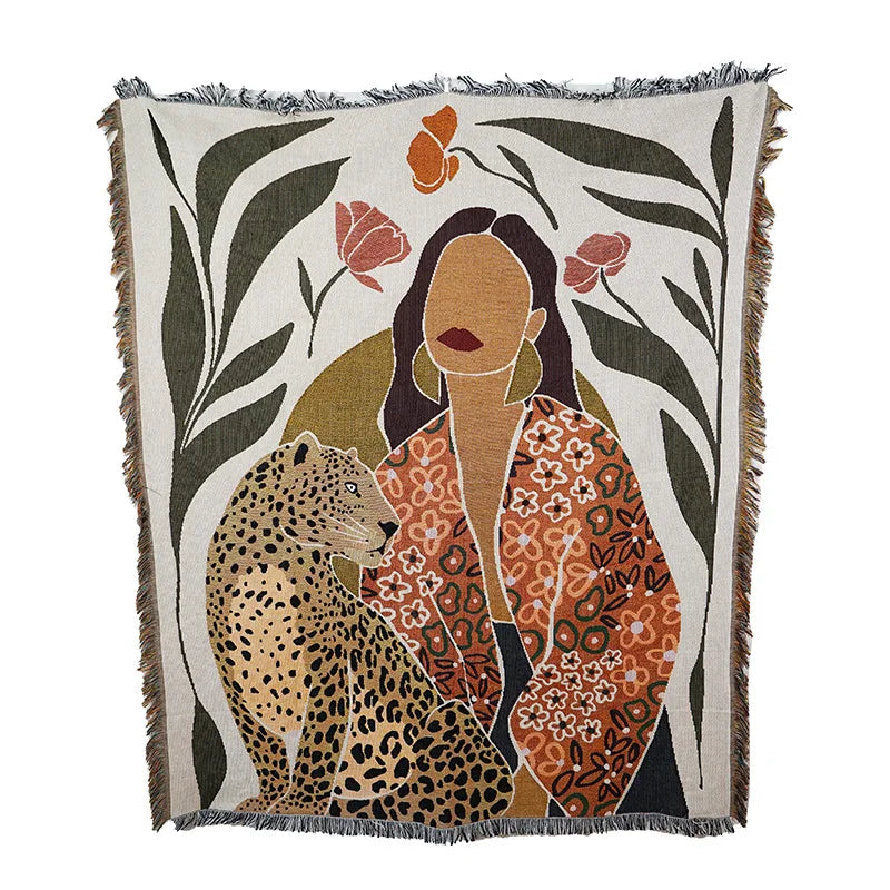 Decorative throw blanket with a woman, leopard, and floral design on a white background. Boho Home Decor.