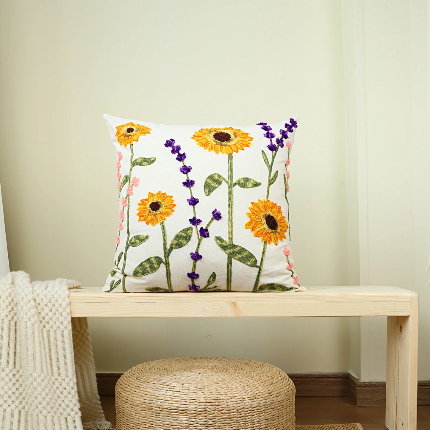 Sunflower & Lavender Embroidered Boho Throw Pillow Cover
