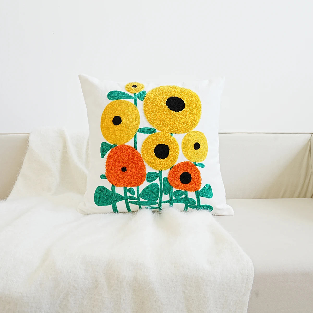 Abstract Sunflowers Embroidery on Boho Home Decor Floral Embroidered Pillow Cover – Square Decorative Cushion Case for Sofa & Home