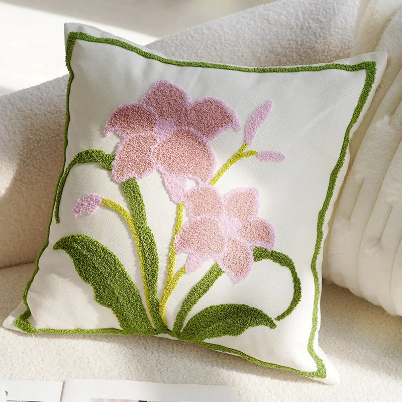 Decorative pillow with floral embroidery on a soft surface Nordic lily embroidered throw pillow cover in flannel fabric, floral square cushion case for sofa, bed, and boho home decor