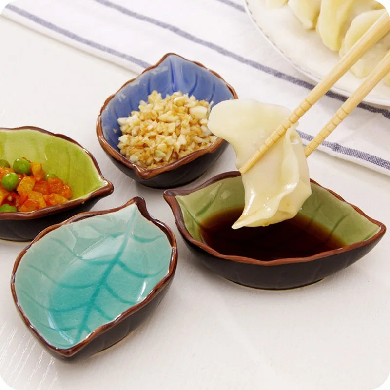 Leaf-Shaped Ceramic Sauce Dish – Side Plate for Soy Sauce, Dips & Charcuterie