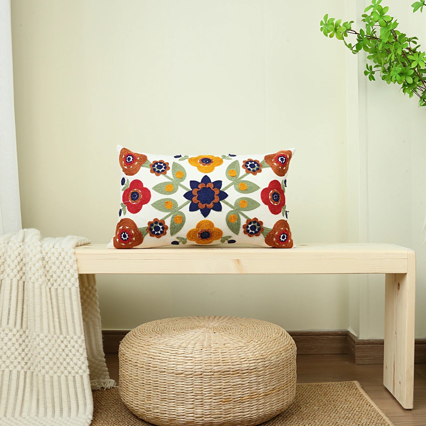 Boho Floral Embroidered Pillow Cover - Vibrant Canvas Decor