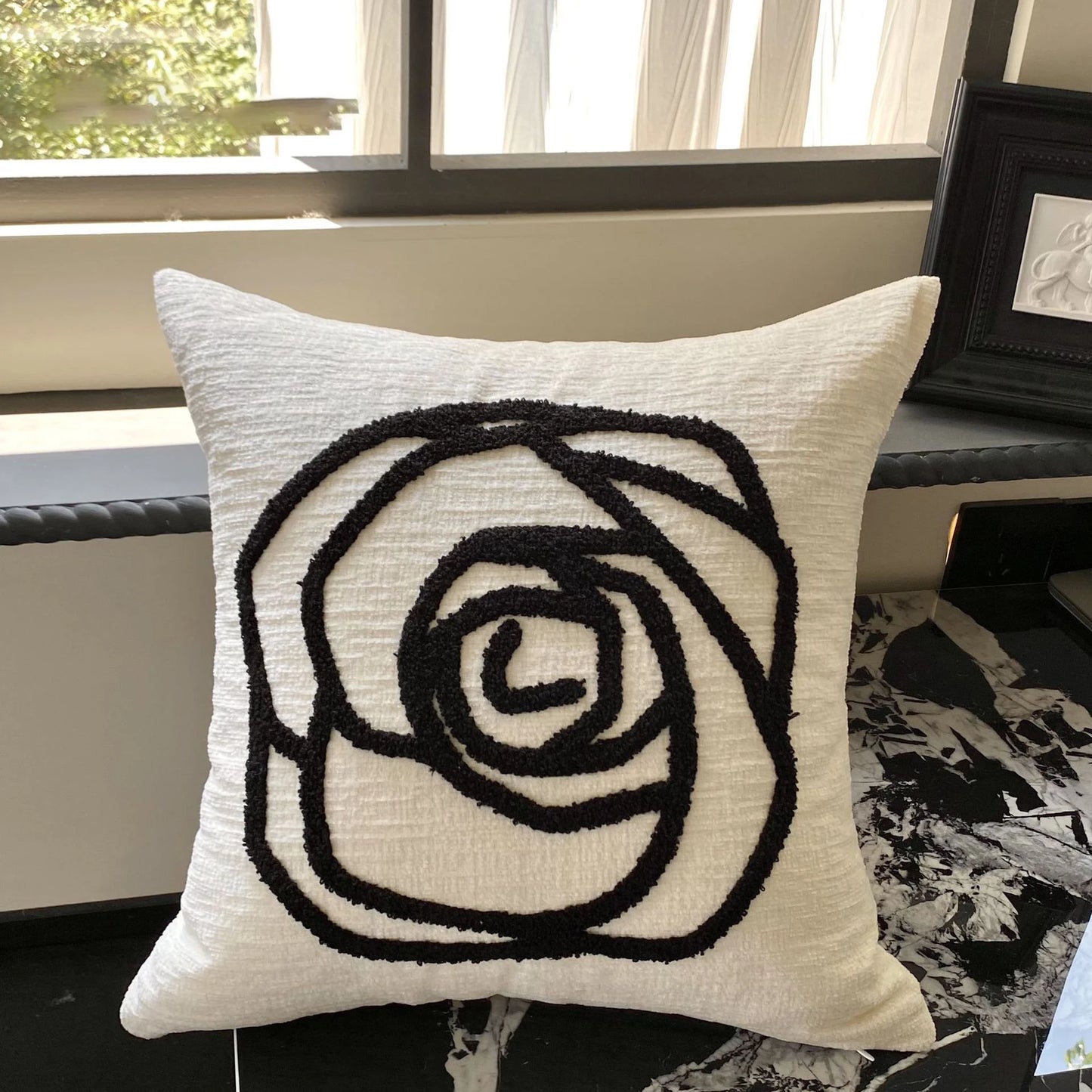 Black Rose Embroidered Cushion Cover β Nordic Chenille Pillowcase for Elegant Living Room Decor