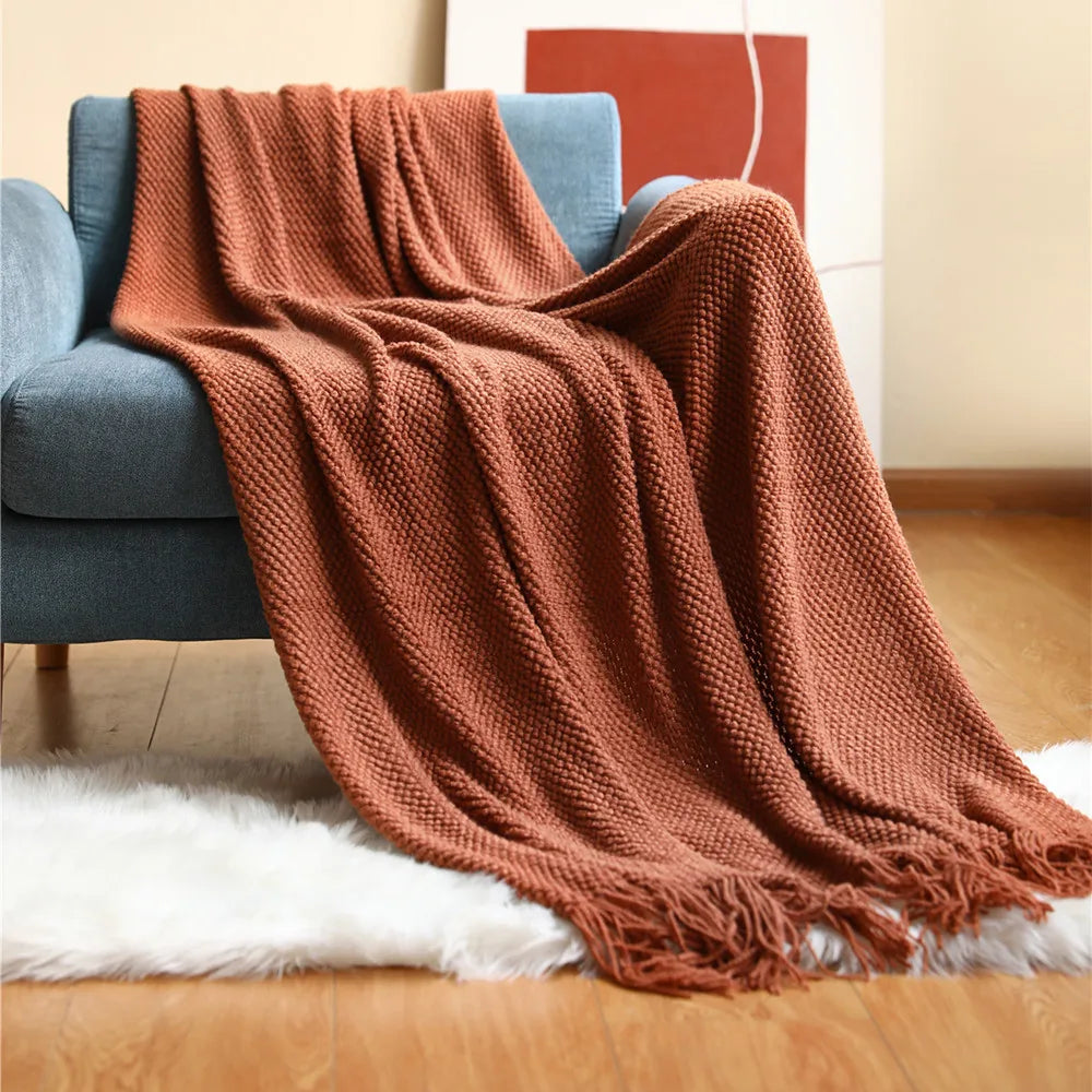 Cozy Knitted Waffle Throw Blanket – Soft Boho Home Decor with Tassels