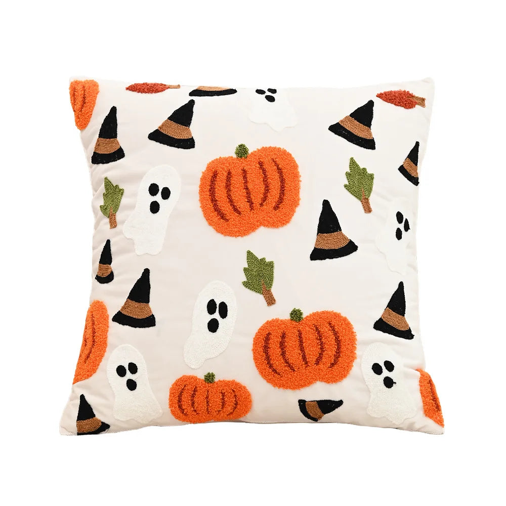 Decorative pillow with Halloween-themed patterns on a white background