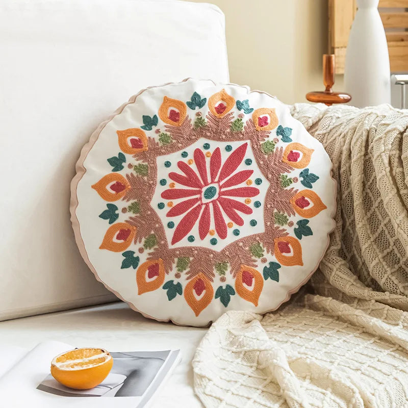Boho Mandala Round Cushion Cover – Moroccan-Inspired Embroidered Throw Pillow Case for Boho Home Decor