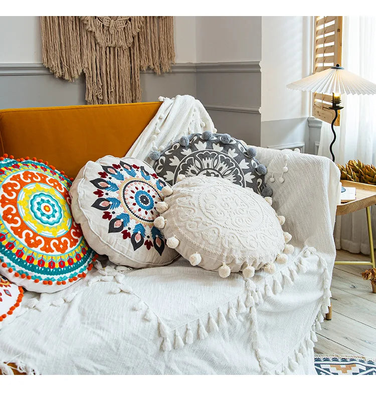 Boho Mandala Round Cushion Cover – Moroccan-Inspired Embroidered Throw Pillow Case for Boho Home Decor
