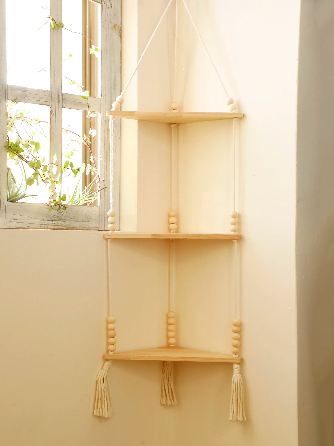 Boho Macrame Hanging Wooden Shelf – Handcrafted Floating Wall Shelf for Home Decor