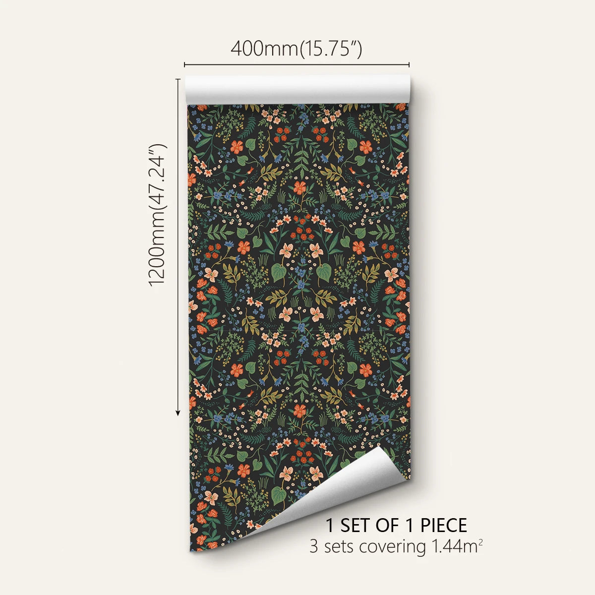 Roll of floral patterned paper with dimensions and set information on a white background. Black floral peel-and-stick wallpaper roll, 40 x 120 cm, waterproof and moisture-proof wall covering for stylish home decoration