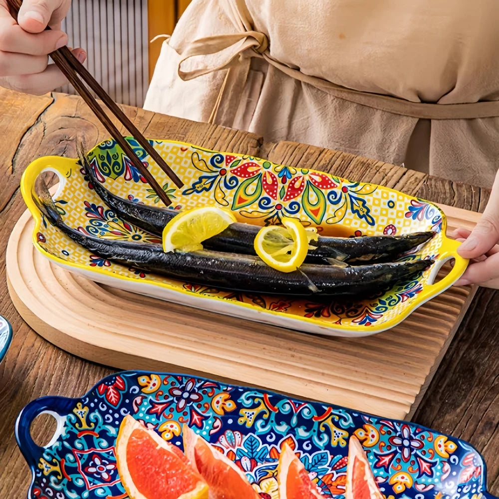 Boho Ceramic Fish Dish with Handle – Rectangular Serving Tray for Oven & Microwave