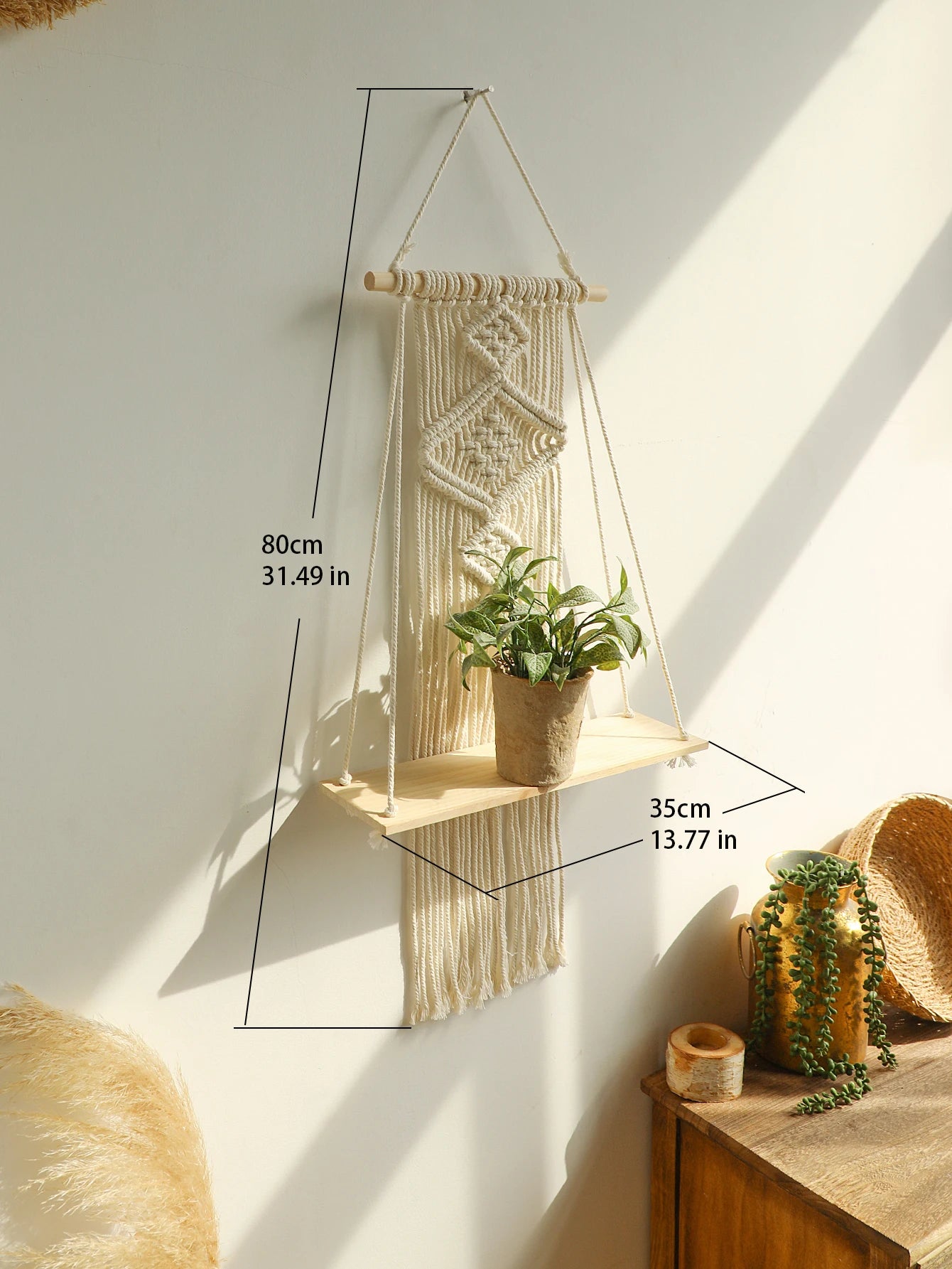 Macramé Wood Hanging Wall Shelf