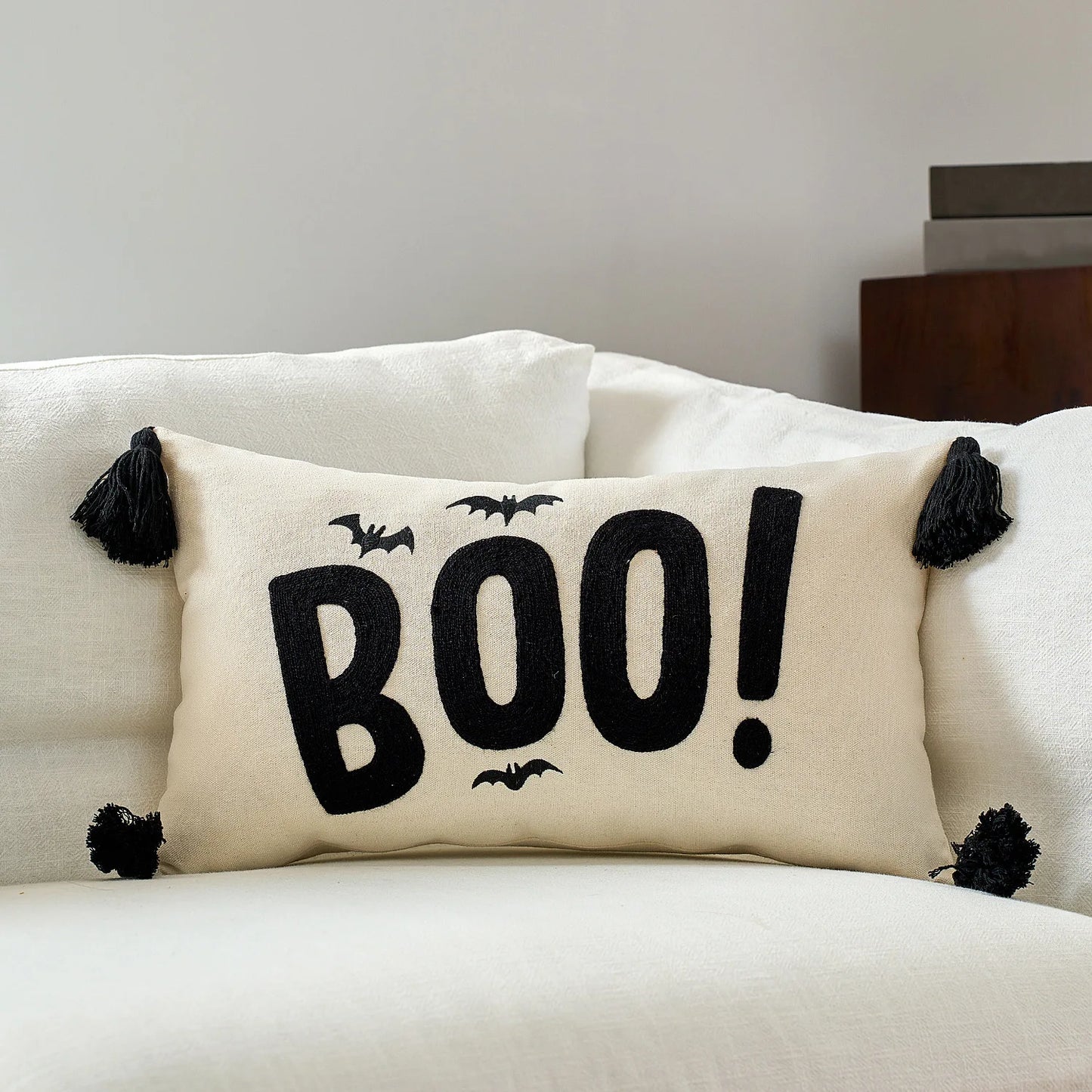 Boo! Halloween maple pumpkin throw pillow cover with festive lettering, autumn-themed decorative cushion for sofa, bed, and seasonal home decor