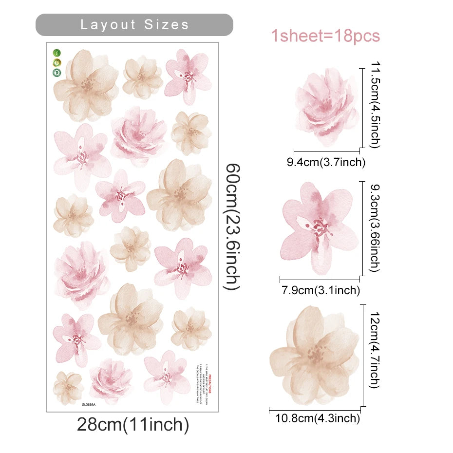 Boho Floral Leaf Wall Stickers – Removable 3D Vinyl Decals for Kids' Nursery & Home Decor - Neutral Flowers