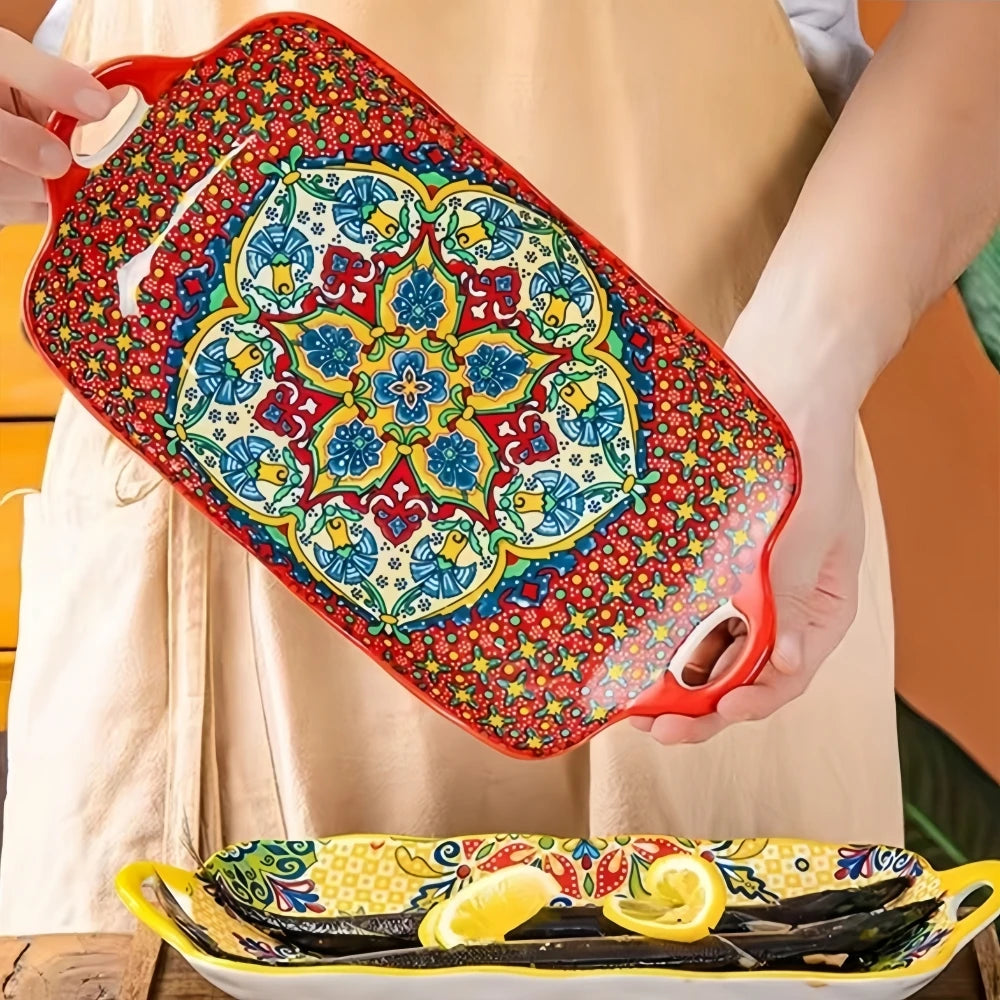 Boho Ceramic Fish Dish with Handle – Rectangular Serving Tray for Oven & Microwave