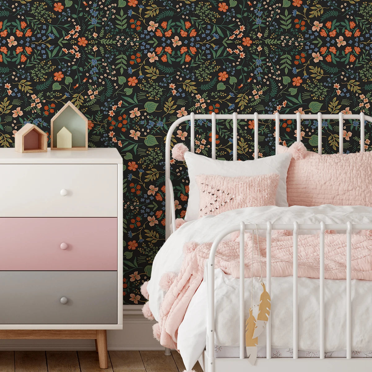 Bedroom with floral wallpaper, pink and white dresser, and white bed with pink bedding. Black floral peel-and-stick wallpaper roll, 40 x 120 cm, waterproof and moisture-proof wall covering for stylish home decoration
