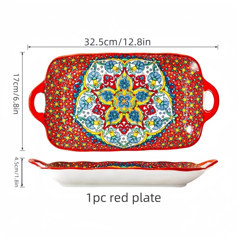 Boho Ceramic Fish Dish with Handle – Rectangular Serving Tray for Oven & Microwave
