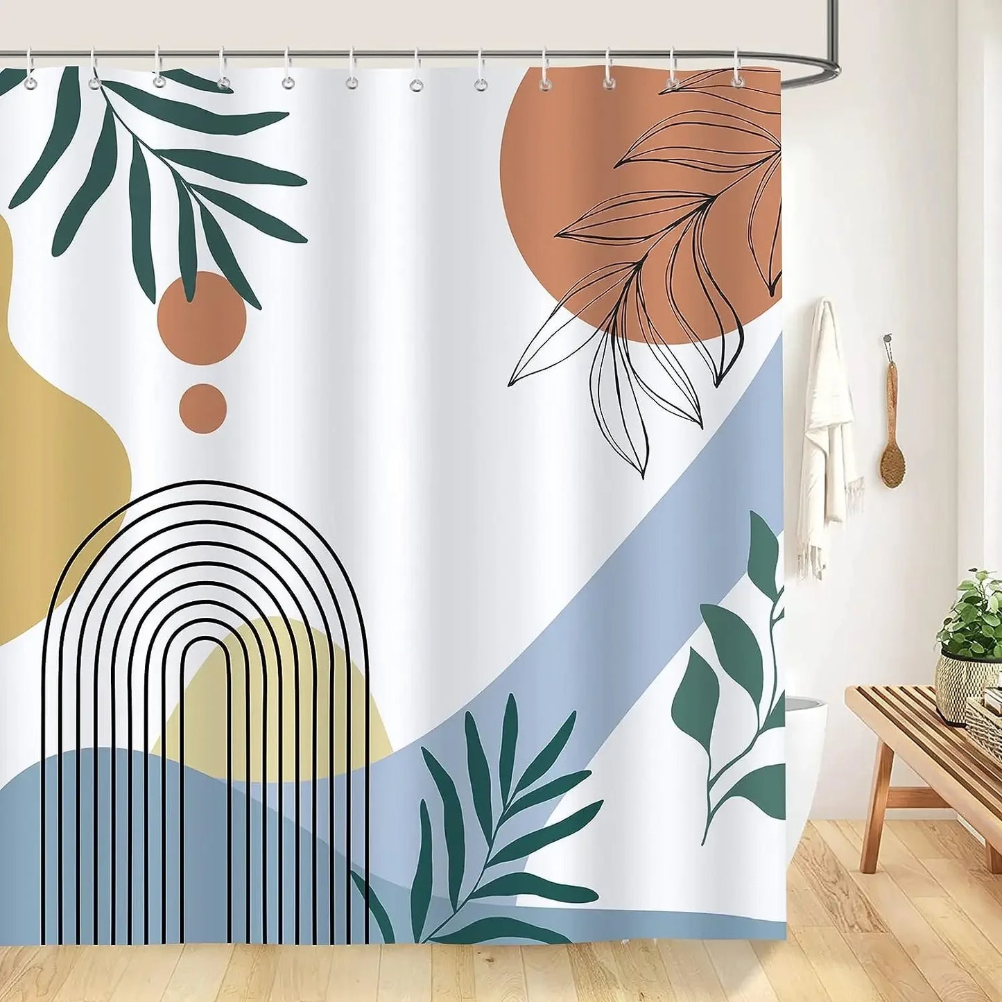 Abstract Bohemian Shower Curtain Arch Sun Moon Phases Boho Leaf Modern Minimalist aesthetic line geometric decorative Bathroom Home Decor Cat Leaves Mountains Outdoors
