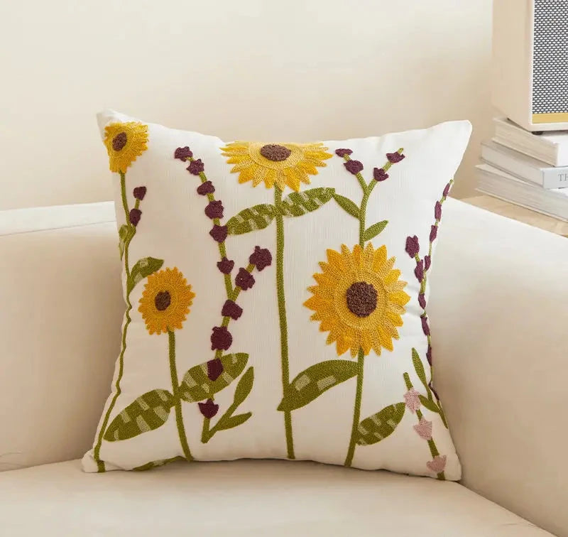Canvas Floral Embroidered Cushion Cover Cotton Countryside Pillow Case for Living Room Luxury Home Decor Boho Flowers