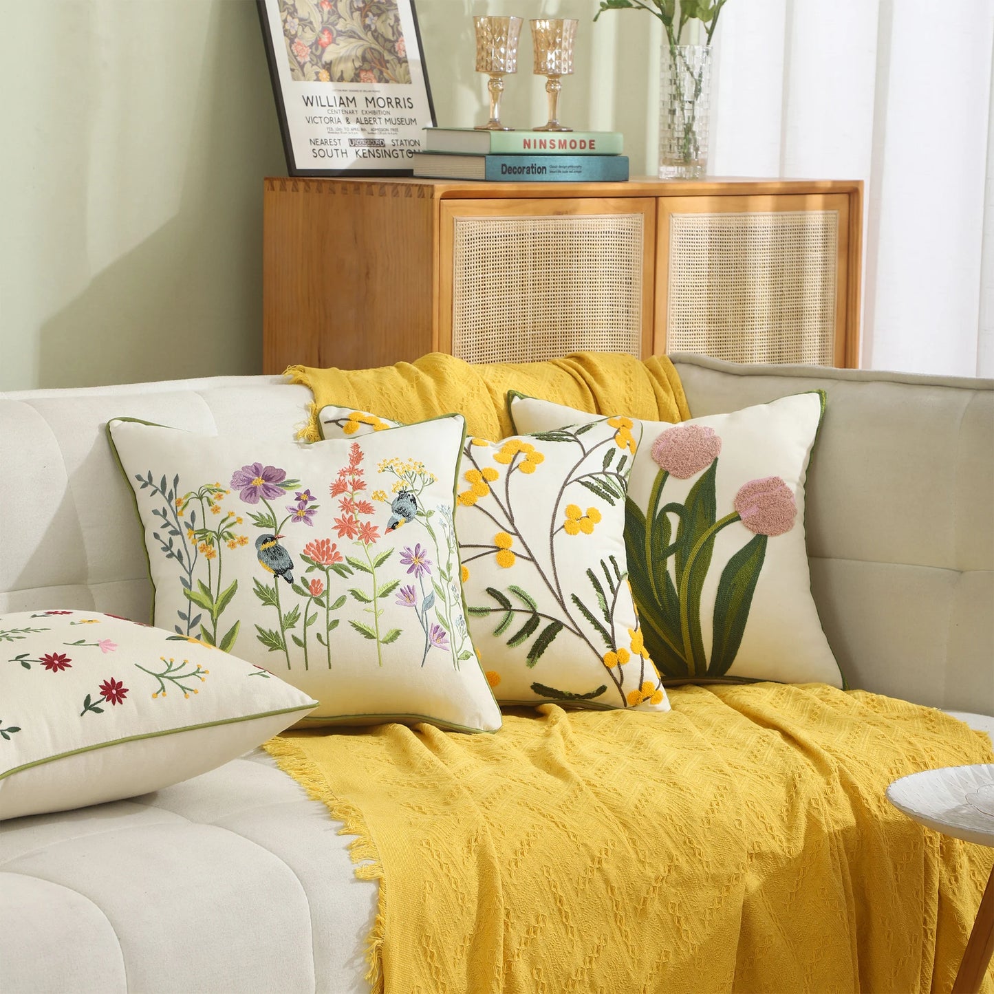 Boho Home Decor Embroidered Linen Cotton Pillowcase – Decorative Square Throw Pillow Cover for Sofa & Farmhouse Style